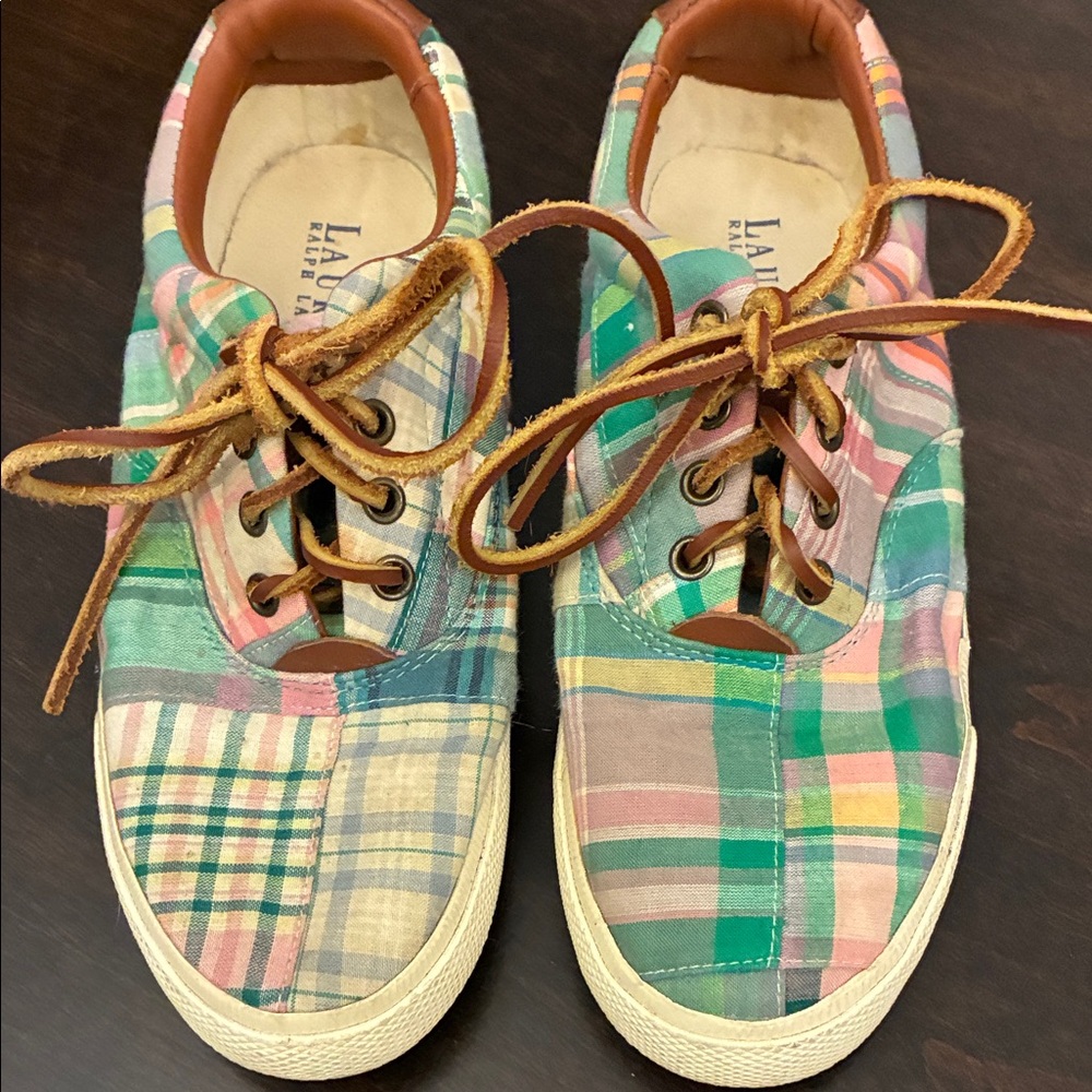 Lauren/Ralph Lauren Multicolor Plaid Veeta Patchwork Sneakers with leather ties